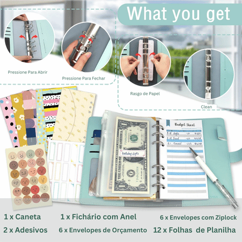 Budget Binder with Zipper Envelopes, Cash Envelopes with Budget Sheets, PVC Pockets, Cash Envelopes, Stickers &amp; Pen